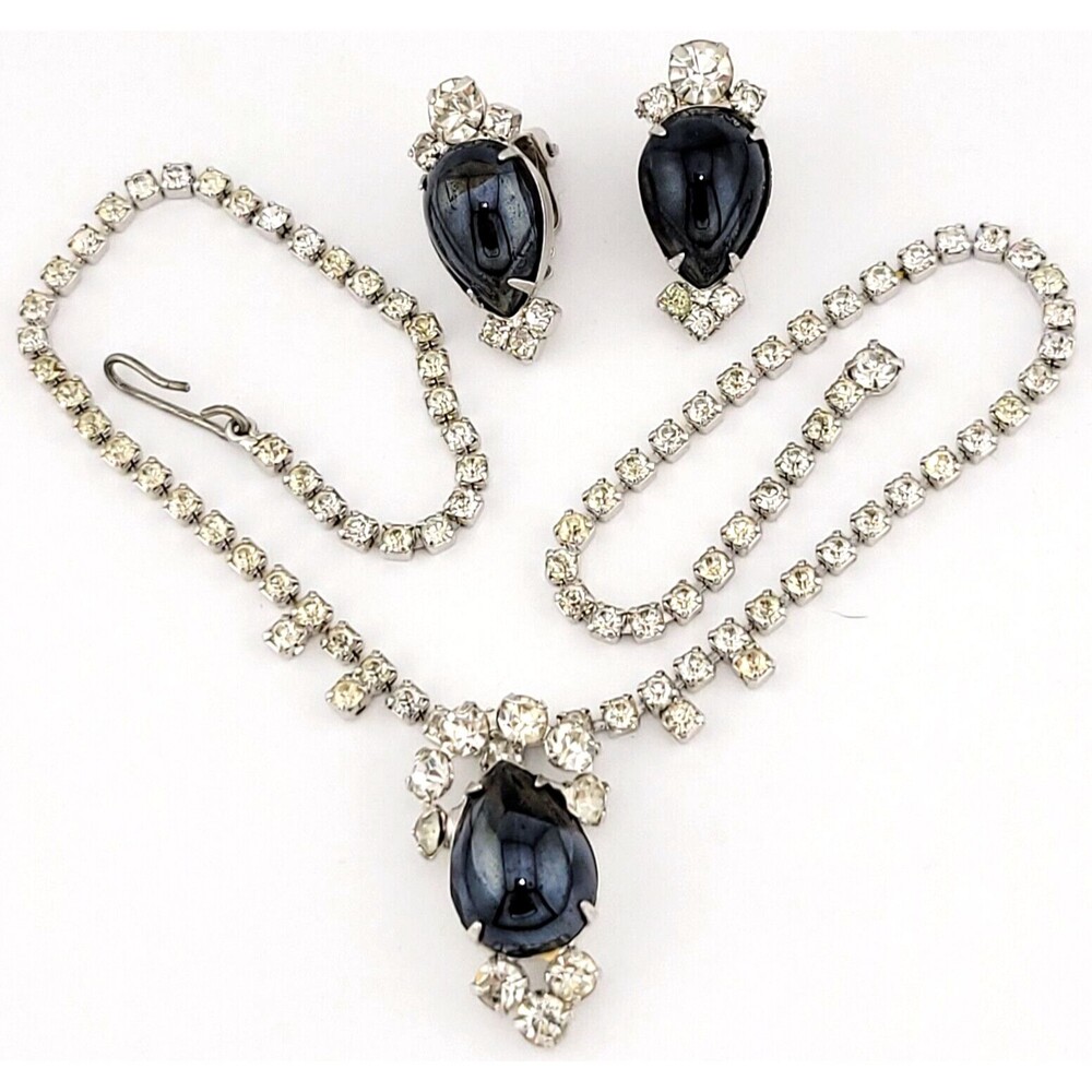 Vintage White & Black Crystal Rhinestone Choker Necklace & Earrings Set
